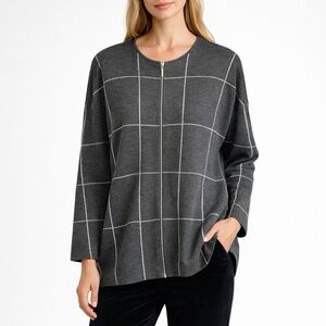 Eileen Fisher Windowpane Check Merino Wool Cardigan Sweater Grey Sz M